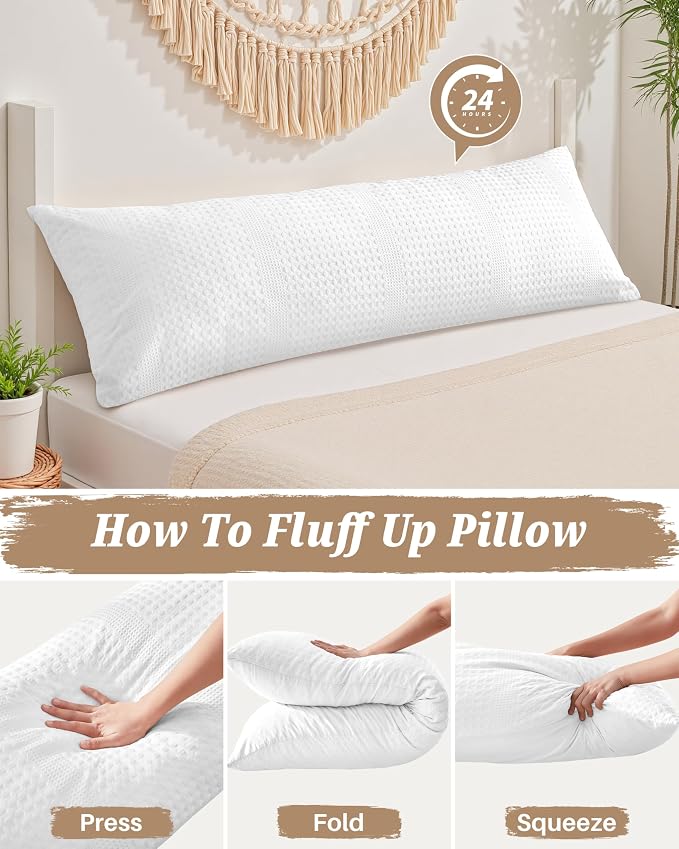 YZ HOME Waffle Weave Body Pillow for Adults, Memory Foam Insert | Long Pillow with Removable Pillowcase, Firm and Fluffy, Large Bed Pillows for Side Sleepers, Washable, 20x54 Inch, White