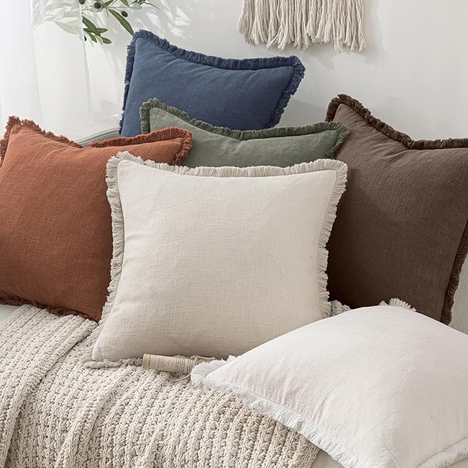 MIULEE Linen Fringe Decorative Fall Euro Pillow Covers Reddish Brown 24x24 | Set of 2, Cottagecore Decor, Boho Farmhouse Neutral Pillow Covers, Rustic Fall Couch Cushion Cases for Sofa Bed Living Room