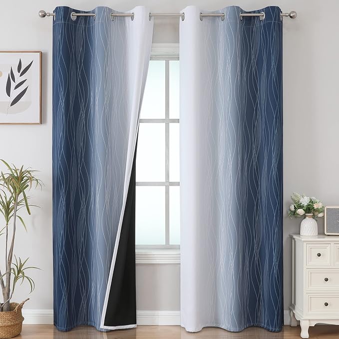 Navy Blue and Greyish White Blackout Curtains for Living Room 84 Inch Long | Estelar Textiler Ombre Room Darkening Bedroom Curtains, Light Blocking,Thermal Insulated Grommet Window Drapes,42x84,2 Panels