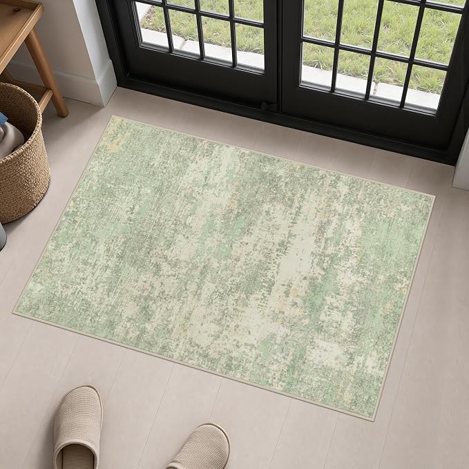 2x3 Washable Entryway Rug: Modern Abstract Soft Carpet Green Cream | For Entrance, Bedroom, Kitchen, Laundry, Bathroom,Door Mat,Modern Abstract,Machine washable,Non-Slip,Stain Resistant,Indoor