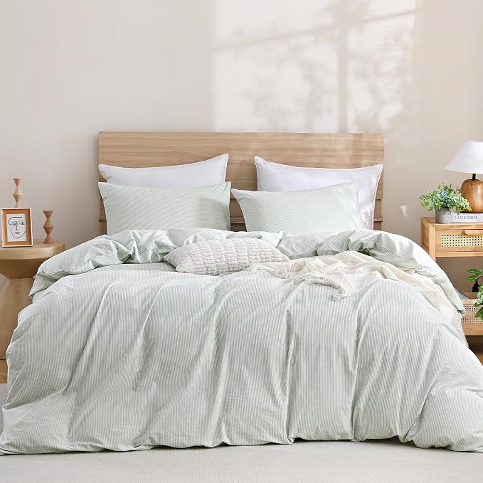 TOCOMOA Sage Green Striped Duvet Cover Set Washed Cotton Like Linen, King | 100% Washed Cotton Linen-Like Feel Soft, Breathable & Comfy. Pinstriped Bedding Set with Zipper & 8 Ties. 3 Pcs, No Insert