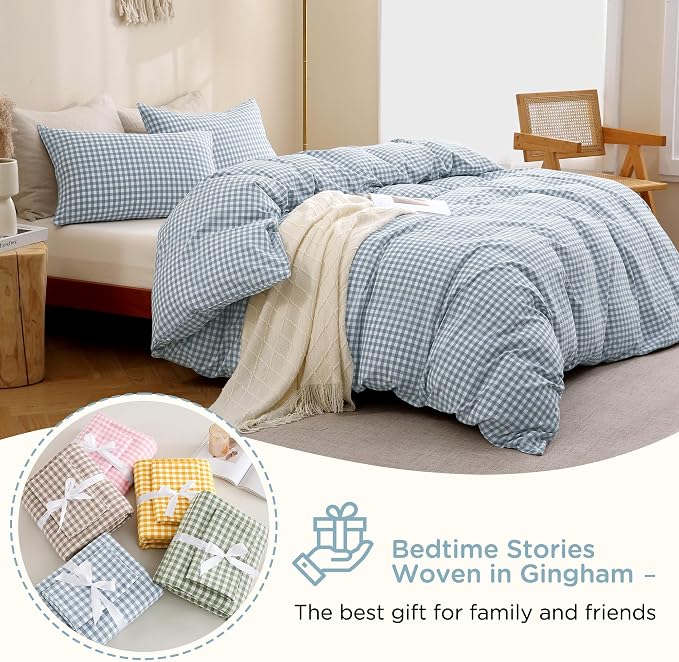 TOCOMOA Blue Gingham Duvet Cover Bedding Set Washed Cotton Like Linen Queen | 100% Washed Cotton Linen-Like Feel Soft, Breathable & Comfy. Lightweight Bedding Set with Zipper & 8 Ties. 3 Pcs, No Insert
