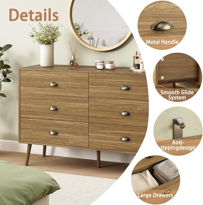Oak 6 Drawer Dresser for Bedroom, 47" Wood Dresser with Gold Handles. | Modern Dressers & Chests of Drawers for Living Room, Hallway, Entryway.