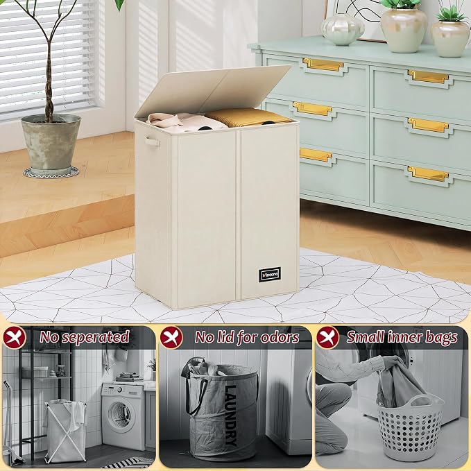 135L Laundry Hamper 2 Section, Large Laundry Hamper with Lid, Dirty Clothes Hamper with 2 Removable Inner Bags, Collapsible Laundry Basket Organizer for for Clothes Toys Towels, Hamper 2 Compartment