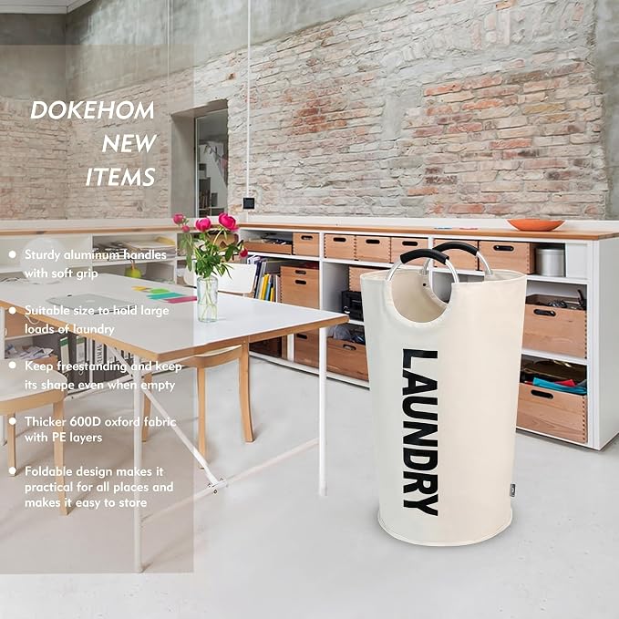 DOKEHOM 90L Large Laundry Basket Bag, Collapsible Tall Hamper, Beige | Freestanding tall washing bin & foldable laundry bag. High-capacity clothes storage basket with durable sturdy handles