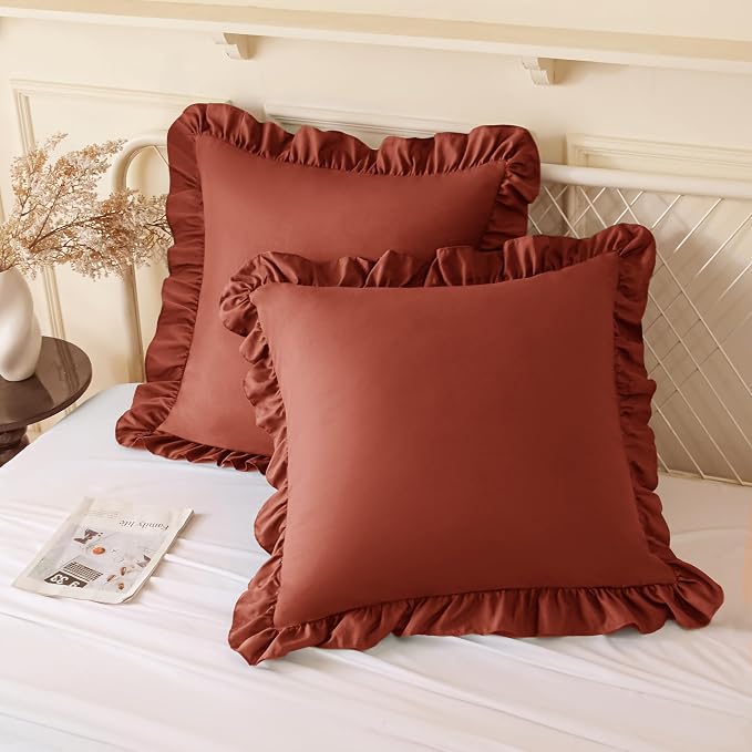 KKJIAF 2 Pack Ruffle Pillow Cases 22x22 Inches, Dusty Orange | Square Ruffled Pillow Covers, Microfiber Wrinkle Resistant Pillow Shams with Envelope Closure for Sofa Bed Living Room