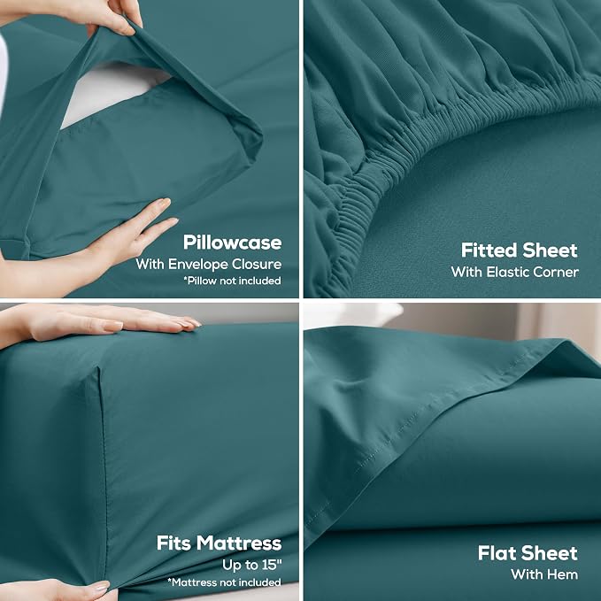 Queen Sheets Set, 4 Pieces 16" Deep Pocket Hotel Luxury Sheets, Denim Blue | Extra Soft Bedsheet Set, Comfy & Breathable Cooling Sheets, Wrinkle & Fade Resistant, Fitted Sheet, Flat Sheet, 2 Pillowcases