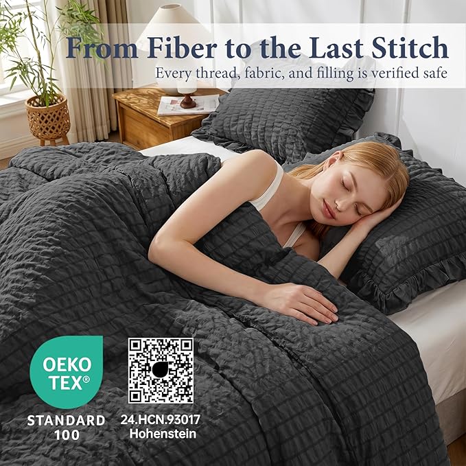 JOLLYVOGUE Black Twin/Twin XL Comforter Set, 2 Pieces Seersucker Lightweight Fluffy Bedding Set, Twin Ruffle Comforter, All Season Soft Microfiber Shabby Chic Bed Set