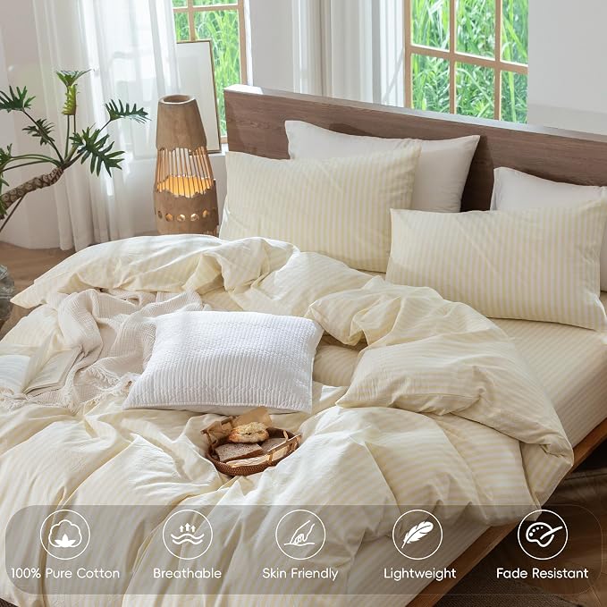 MooMee Striped Duvet Cover Set 100% Washed Cotton Linen Like King | Relaxed Linen-like Texture. Soft, Breathable & Long-lasting Comfort. Lightweight. Hidden Zipper with 8 Interior Corner Ties