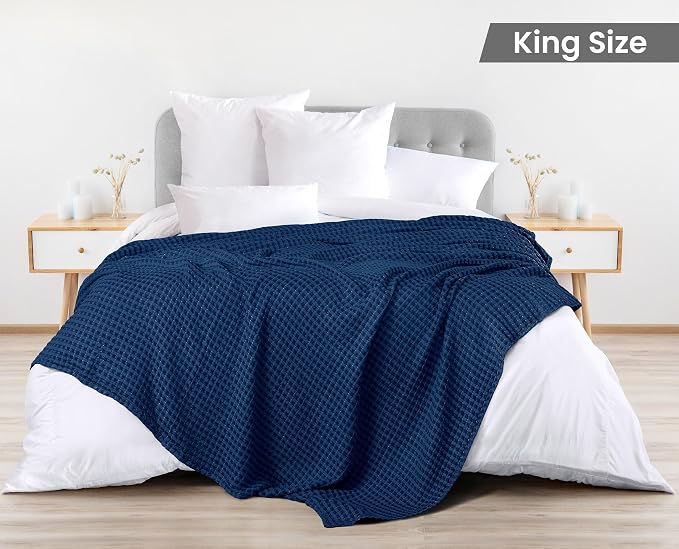 Utopia Bedding 100% Cotton Waffle Blanket King Size Navy, 90x108 Inch | Lightweight Breathable Cozy Summer Bed Blanket Home Decor Gift for Women and Men