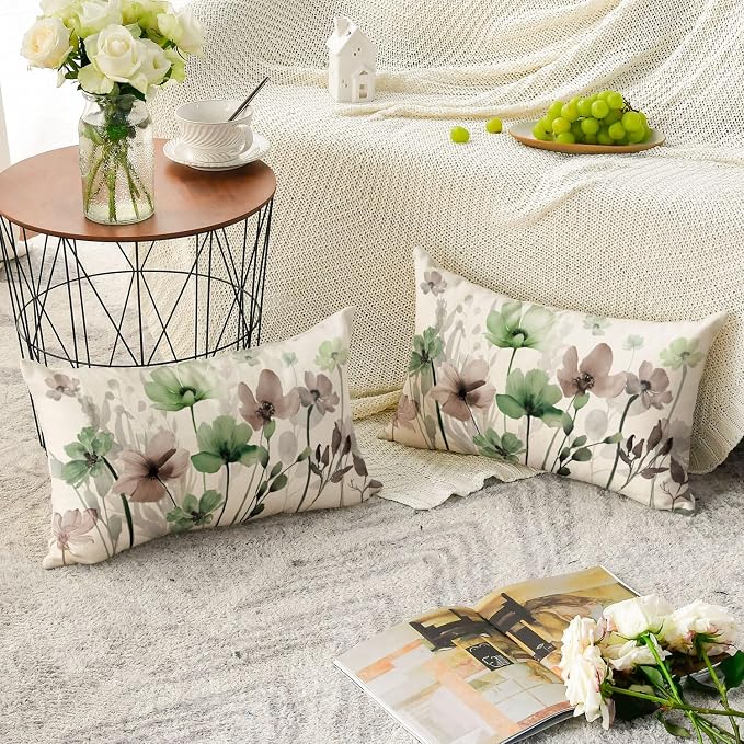 AVOIN colorlife Poppy Flowers Pillow Covers 12x20 Inch Set of 2 | Chinoiserie Sage Green Brown Seasonal Leaves Cushion Case Decoration for Sofa Couch Farmhouse