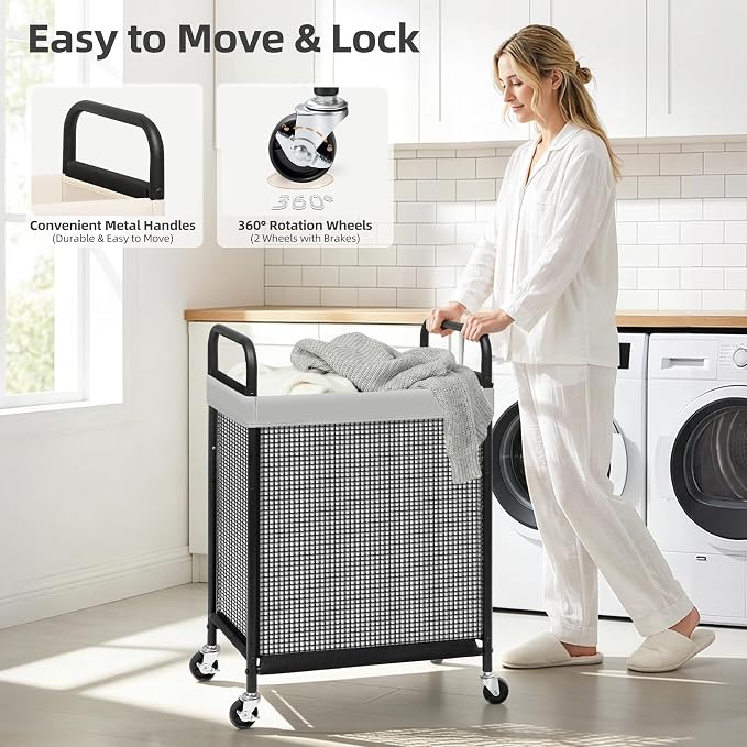 STORAGE MANIAC Rolling Laundry Hamper with Wheels 1-Section Laundry Sorter Rolling Laundrys Basket on Wheels with Removable Bag Clothes Hamper Laundrys Organizer Cart Bathroom Bedroom 90L Grey