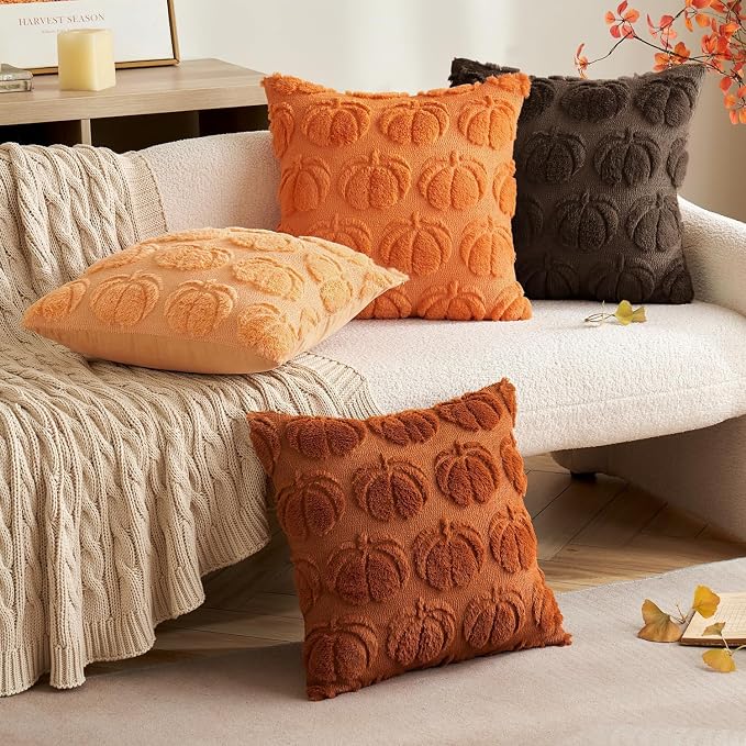 MIULEE Fall Pillow Covers Pumpkin Fall Decor 18x18 Reddish Brown | Set of 2 Fall Decorations for Home, Plush Faux Fur Farmhouse Accent Pillowcases, Porch Sofa Couch Cushion Bed Livingroom