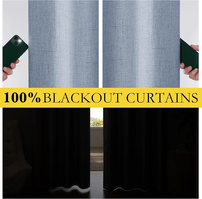 NICETOWN 102 inch Blackout Linen Curtains for Bedroom 2 PCs, Stone Blue | Vintage Sliding Glass Door Curtains Farmhouse Style, Keep Cool & Warm Large Window Drapes for Loft, Apartment, W52" x L102"