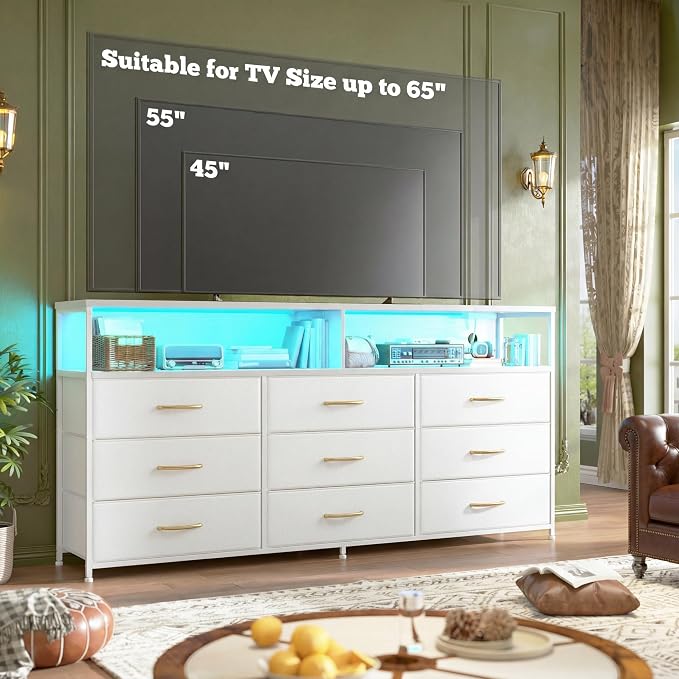 55" W Dresser for Bedroom with 9 Drawers LED, Power Outlets Fits 65" TV | TV Stand for 45, 55, 65 Inch TV Sturdy Long Chest of Drawers with Extra 2 Wooden Shelves Steel Frame PU Leather Drawer