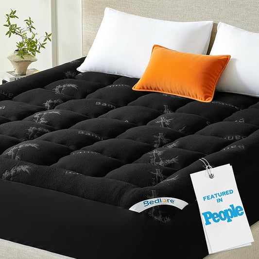 BEDLORE Queen Mattress Topper Viscose Bamboo, Thick Pillow Top Mattress Pad | Stretchable Pockets Fit 6”-18” Mattress, Soft Breathable Mattress Topper for Back Pain Relief and Hot Sleepers(Black)