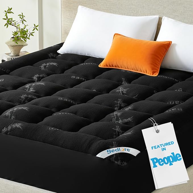 BEDLORE Twin Mattress Topper Viscose Bamboo, Thick Pillow Top Mattress Pad | Stretchable Pockets Fit 6"-15" Mattress, Soft Breathable Mattress Topper for Back Pain Relief and Hot Sleepers(Black)
