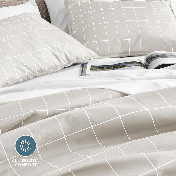 Bare Home Duvet Cover Set (Twin/Twin XL, Grid - Stone/White) | 1800 Ultra-Soft, Lightweight, Cooling, Breathable, Premium, All-Season
