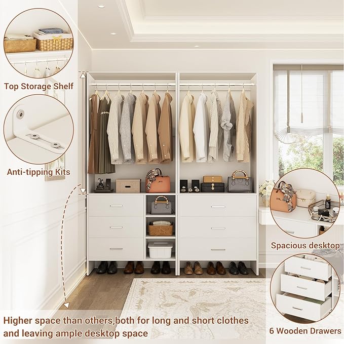 Aheaplus Closet System with 6 Drawers, 4.5ft, Set of 2, White | Wood Closet Organizer System, Walk-in Closet or Small Closets Wardrobe, Clothes Rack with Hanging Rods, Set of 2