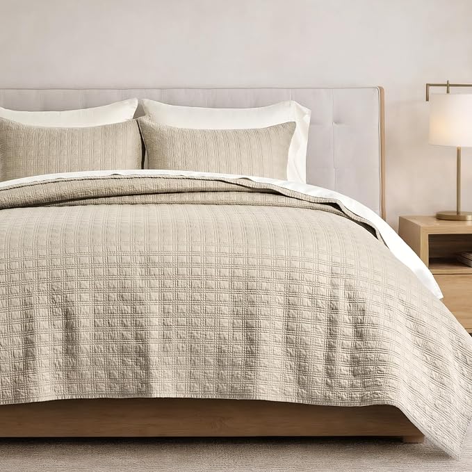 EVERGRACEHOME Cotton Sateen Windowpane Quilt Set Queen Size, Light Taupe | 100% Cotton, Pre-Washed Soft Coverlet Bedspread, 3-Piece Lightweight Bedding Set for All Season, with 2 Pillow Shams