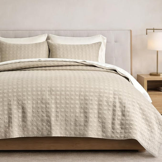EVERGRACEHOME Cotton Sateen Windowpane Quilt Set King Size, Light Taupe | 100% Cotton, Pre-Washed Soft Coverlet Bedspread, 3-Piece Lightweight Bedding Set for All Season, with 2 Pillow Shams