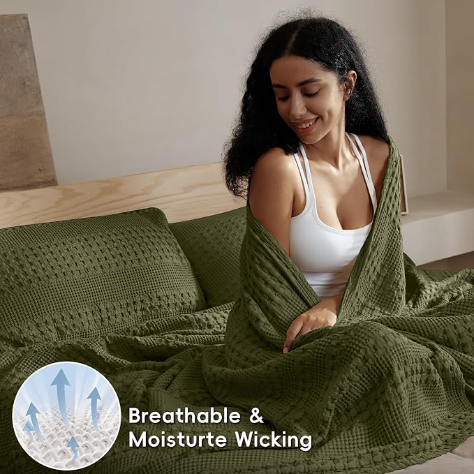 PHF Lightweight 100% Cotton Waffle Blanket for Bed, Queen, Capulet Olive | Pre-Washed Soft Cotton Comfort, Breathable Layering Warmth for Fall & Winter, Bed, Sofa, Couch, Home Decor & Gifts