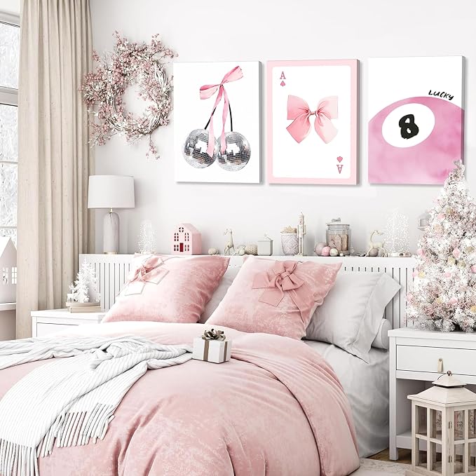 Framed Pink Canvas Wall Decor Set of 3, Pink Bow Wall Art Oil Painting, Girls Preppy Room Decor Picture, Trendy Disco Ball Print Poster for Teen Girl Apartment Bedroom Living Room Aesthetic 16x24 Inch
