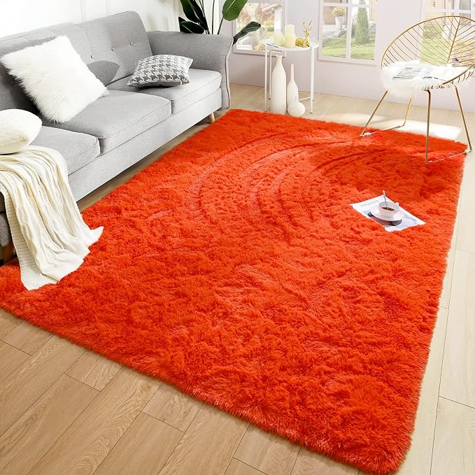 Soft Modern Indoor Shaggy Area Rug for Bedroom Livingroom Dorm Kids Room Home Decorative, Non-Slip Plush Fluffy Furry Fur Rugs Comfy Nursery Accent Floor Carpet 5x8 Feet, Orange Red