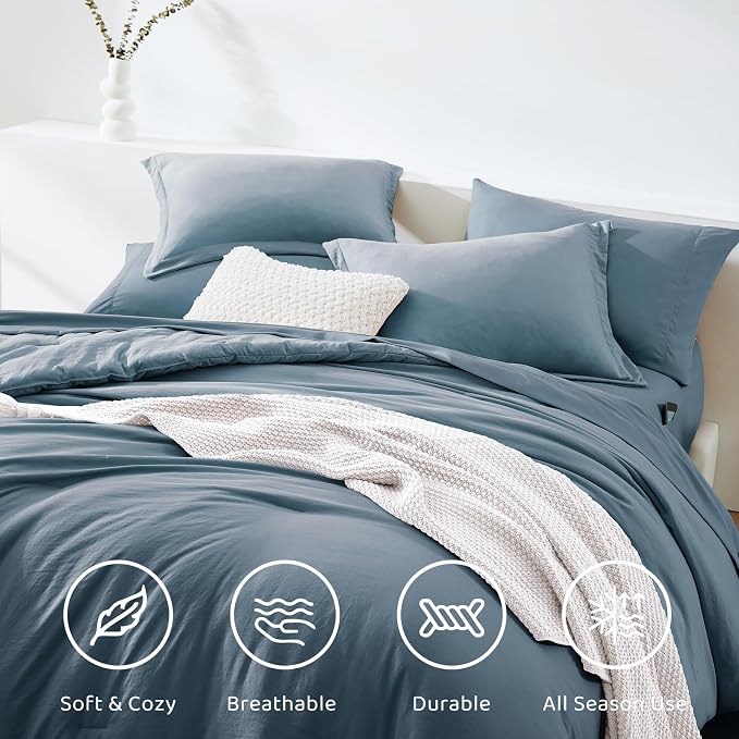 Queen Comforter Set-7 Pieces Soft Prewashed Bed in a Bag Queen Bedding Sets | All Season Comforter with Sheets, Pillow Shams & Pillowcases,Oxford Blue