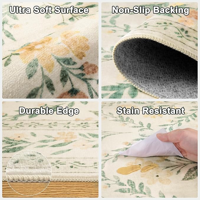 PLHXFR 2x6 Washable Runner Rug：Floral Indoor Kitchen Carpet Beige Multi | For Hallway Bedroom Kitchen Laundry Bathroom Dorm,Vintage Floral,Machine washable,Non Slip,Stain Resistant,Indoor Floor