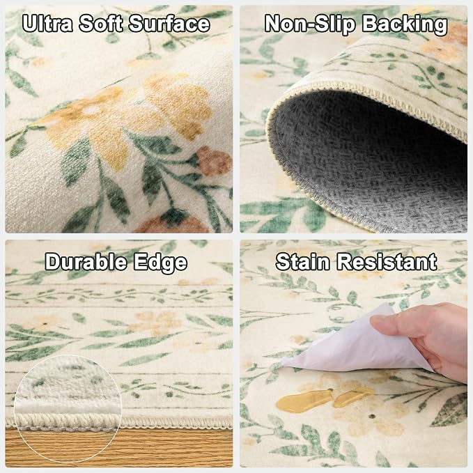 PLHXFR Area Rug 10x12 Living Room: Floral Washable Boho Carpet Beige Multi | For Bedroom Dining Room Farmhouse Nursery Hallway,Vintage Floral,Machine washable,Non Slip,Stain Resistant,Large Indoor