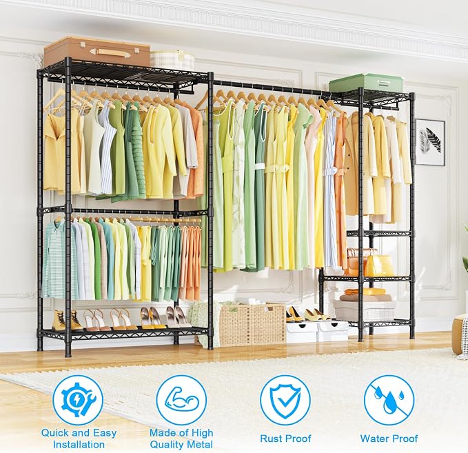 E10 Clothes Rack（With Stretchable Hanger Rod）Freestanding Clothing Racks for Hanging Clothes，Adjustable Closet Organizer System，Portable Garment Rack 73-97"W x 15" D x 72" H，Max Load 800LBS，Black