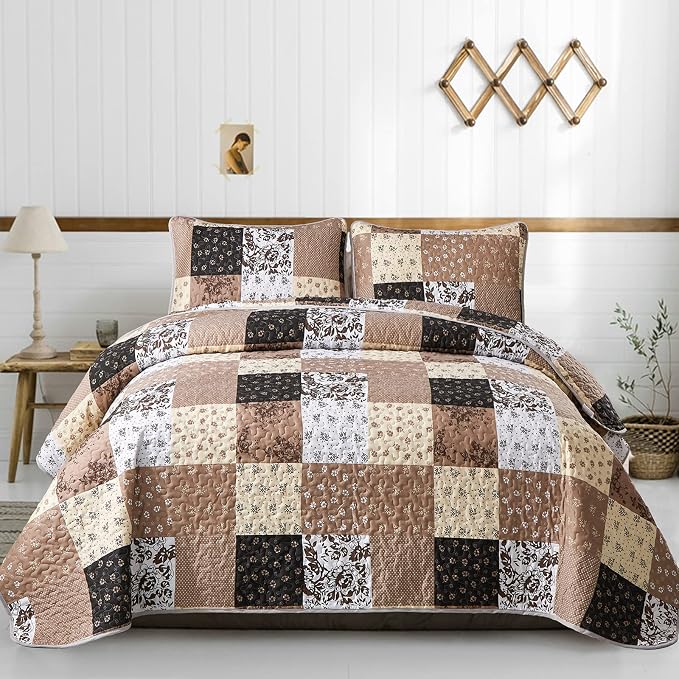 Mybedsoul Boho Quilts Queen Size, Patchwork Fall Bedding Set, Khaki | Soft Lightweight Microfiber Floral Coverlet Set, 3 Pieces Plaid Reversible Bedspread, Bed Sets for All Seasons 90"x96"