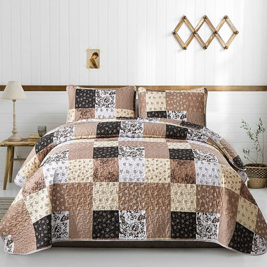 Mybedsoul Boho Quilts Queen Size, Patchwork Fall Bedding Set, Khaki | Soft Lightweight Microfiber Floral Coverlet Set, 3 Pieces Plaid Reversible Bedspread, Bed Sets for All Seasons 90"x96"