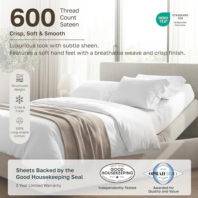 California Design Den Luxury 600 Thread Count Split King Sheet Set, 5 Pcs | 100% Cotton Sateen, Good Housekeeping Seal, Split King Sheets Sets for Adj. Bed with 2 Sep. Twin-XL Mattresses - Mist Grey