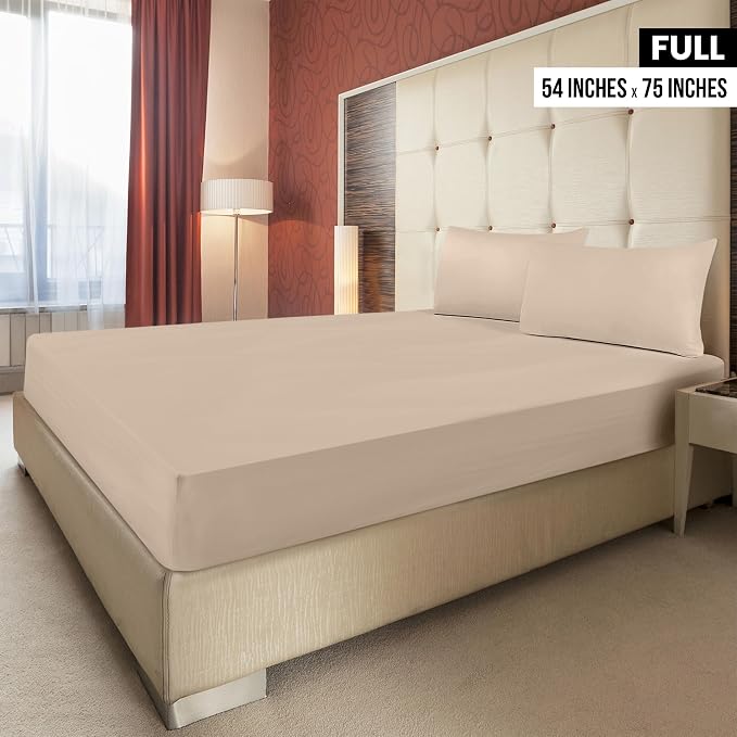 Pack of 2 Full Fitted Sheet, Fits Up to 16 Inch Deep Pocket, Beige | Hotel Comfort, Cooling & Breathable Cotton like Polyester, Easy Fit, Wrinkle & Fade Resistant, Snug Fit, Easy Care, Oeko-Tex