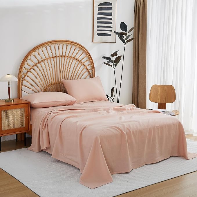 100% Linen Sheets Set Queen Size, Natural Pure Flax 4 Piece Bed Sets, 16" Deep Pocket, Breathable Cooling Bed Soft Durable Bedding, Machine Washable (Pink,Queen)