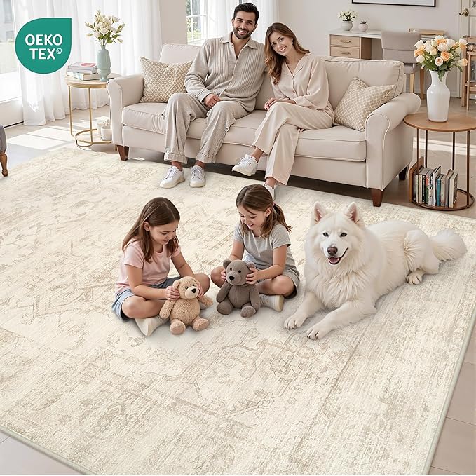6x9 Area Rugs Living Room: Bedroom Washable Carpet Beige/Brown | Large Vintage Boho Indoor Decor Neutral Soft Nursery Farmhouse Dining Room Office Floor Non-Slip Low Pile Under Table Rug
