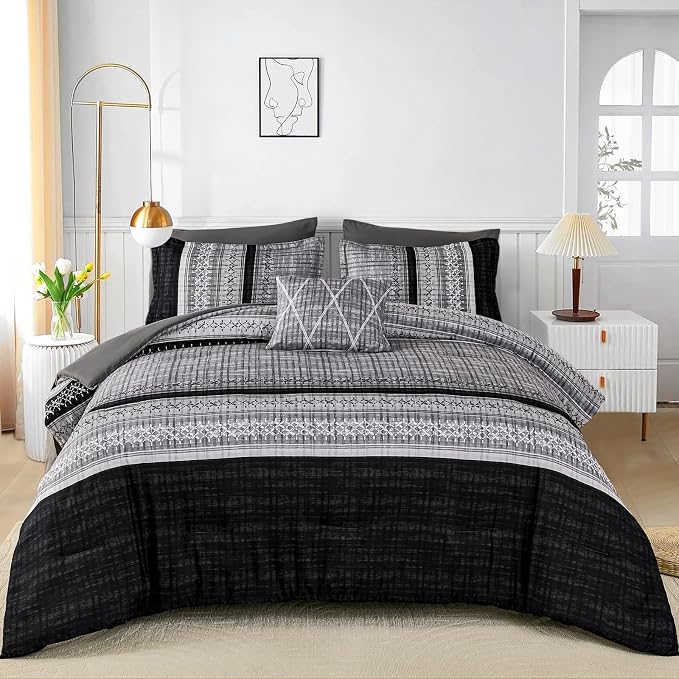 Dintszyayue Black Comforter Set Cal King Size, 8 Pieces Boho Striped Bed in a Bag Soft Microfiber Bedding Set for All Season