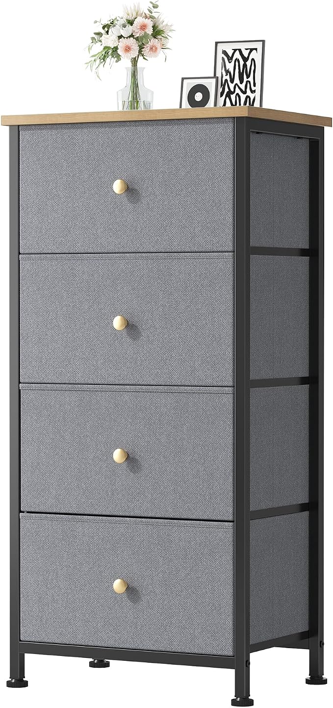 DUMOS Night Stand with 4 Drawers, Bedside Table for Bedroom | Nightstand with Removable Fabric Bins, Steel Frame with Wood Top, Small Storage Tower for Bedroom Closet, Dusty Blue