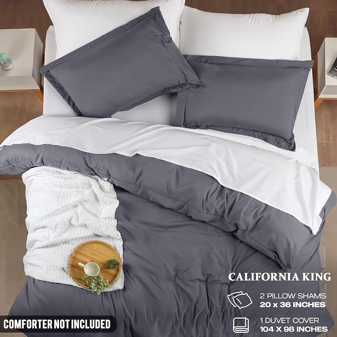 Duvet Cover Cal King, 3 PC Cotton Like PolyesteR, Zipper Closure, Grey | Extra Soft and Breathable, Wrinkle & Fade Resistant, Includes Duvet Cover and 2 Pillow Shams, Comforter Not Included, OekoTex