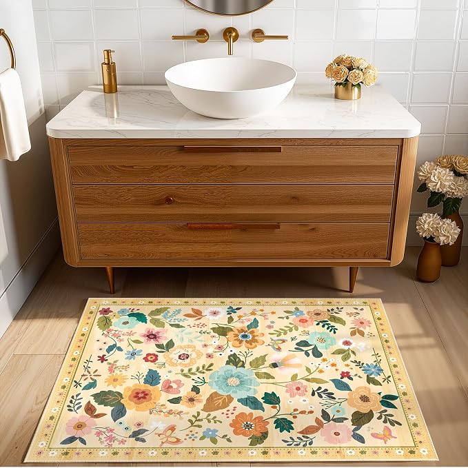 RELEANY Floral Washable 2x3 Area Rugs Doormat Yellow/Orange | Flower Carpet, Print, Boho, Non-Slip, Easy to Clean, Soft, Low Pile for Living Room Bedroom Kitchen Office Entryway Hallway