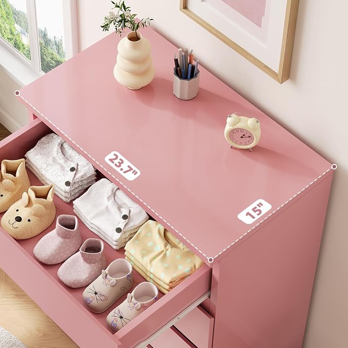Jocoevol Pink 5 Drawer Dresser for Bedroom, 15" D x 23.7" W x 40.4" H in Simply Chest of Drawers, Wood Storage Dresser with Drawers for Living Room Hallway Entryway, Pink