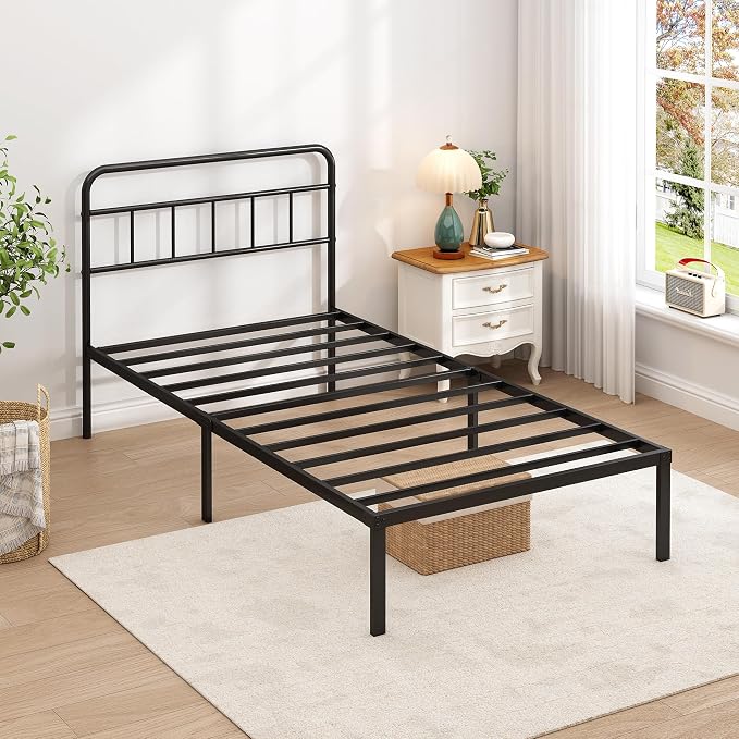 Twin Bed Frame with Classic Headboard, Black | Strong Metal Slats Support,Under Bed Storage Space,No Box Spring Needed,Easy to Assemble