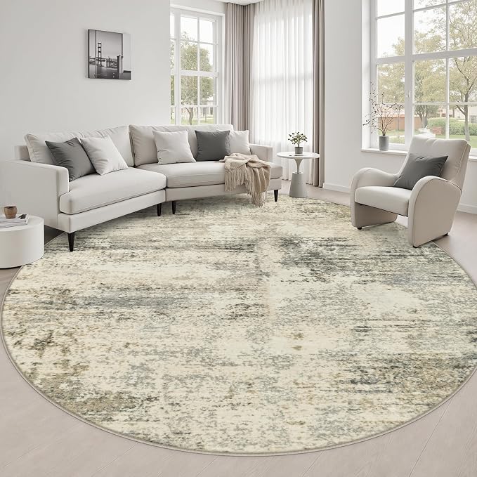 Round Area Rug Living Room: 8 ft Modern Washable Indoor Carpet | For Bedroom Dining Room Farmhouse Nursery Hallway Office,Modern Abstract,Machine washable,Non-Slip,Stain Resistant,Indoor