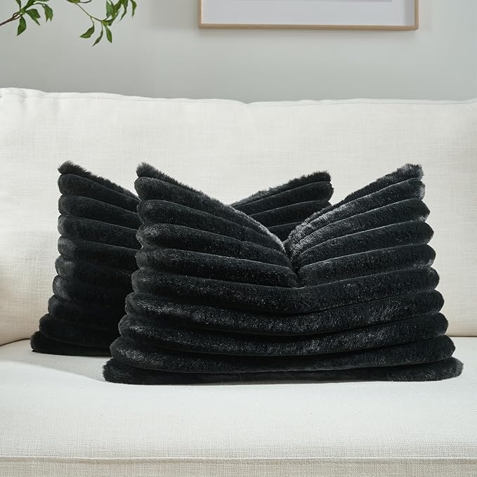 FUTEI Pack of 2 Faux Fur Throw Pillow Covers 12x20 Inch, Black | Fluffy Faux Rabbit Fur Front/Premium Velvet Back,Hidden Zipper,Machine Washable,Non-Shedding,Colorfast,Insert Not Included.