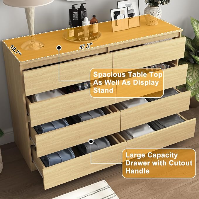 Vibe & Dine 8 Drawer Double Dresser, Modern Chest of Drawers with Wide Storage for Closet, Bedroom, Living Room, Natural Wood