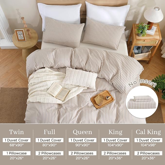 TOCOMOA Brown Striped Duvet Cover Set 100% Washed Cotton Like Linen, King | Linen-Like Feel Soft, Breathable & Comfy for All Season. Lightweight Bedding Set with Zipper & 8 Ties. 3 Pcs, No Insert