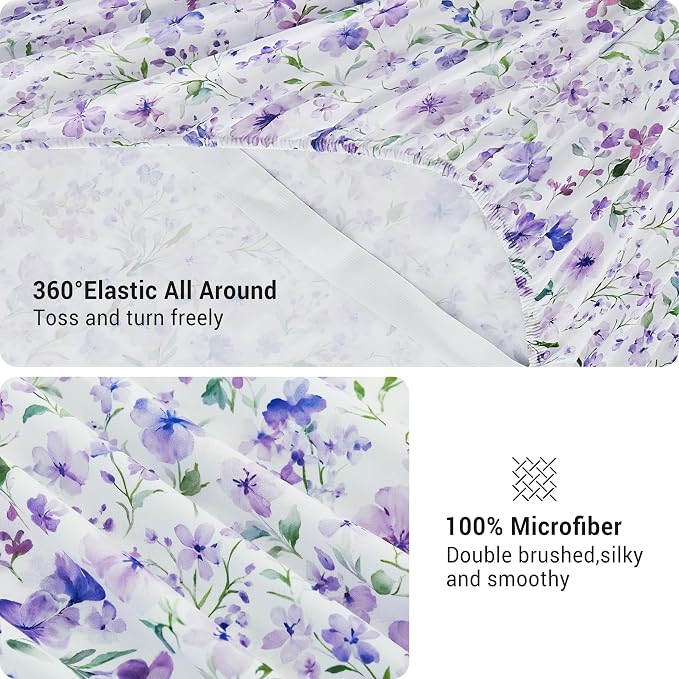 Viviland Floral King Sheet Set - 4 Piece Vintage Lavender Flower and Leaves Patterned Bed Sheets - Soft, Breathable Microfiber Sheets with Deep Pocket, Non-Slip Fitted Sheets & Pillowcases
