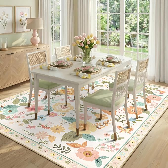 RELEANY Floral Washable 5x7 Area Rugs Beige/White/Orange | Flower Carpet, Print, Boho, Non-Slip, Easy to Clean, Soft, Low Pile for Living Room Bedroom Kitchen Office Entryway Hallway